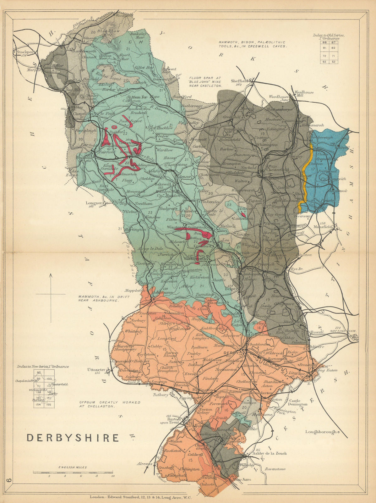 DERBYSHIRE Geological map. STANFORD 1904 old antique vintage plan chart